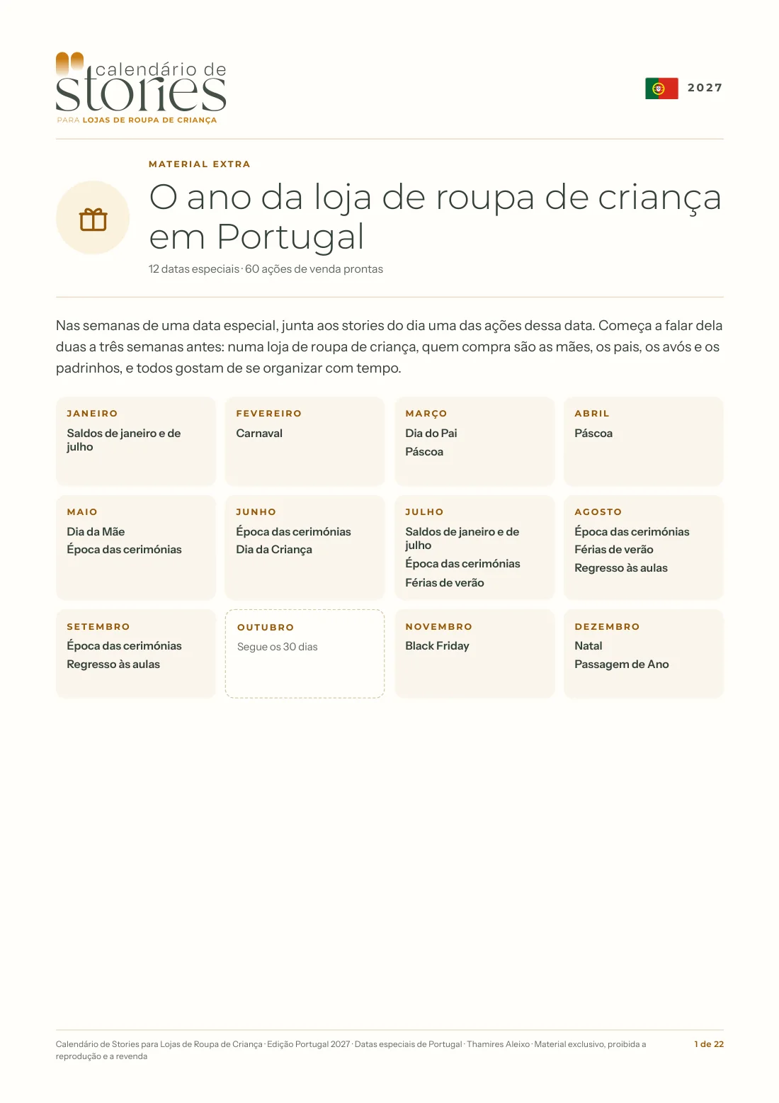 Primeira página do ficheiro Datas especiais de Portugal: o ano da loja de roupa de criança, mês a mês